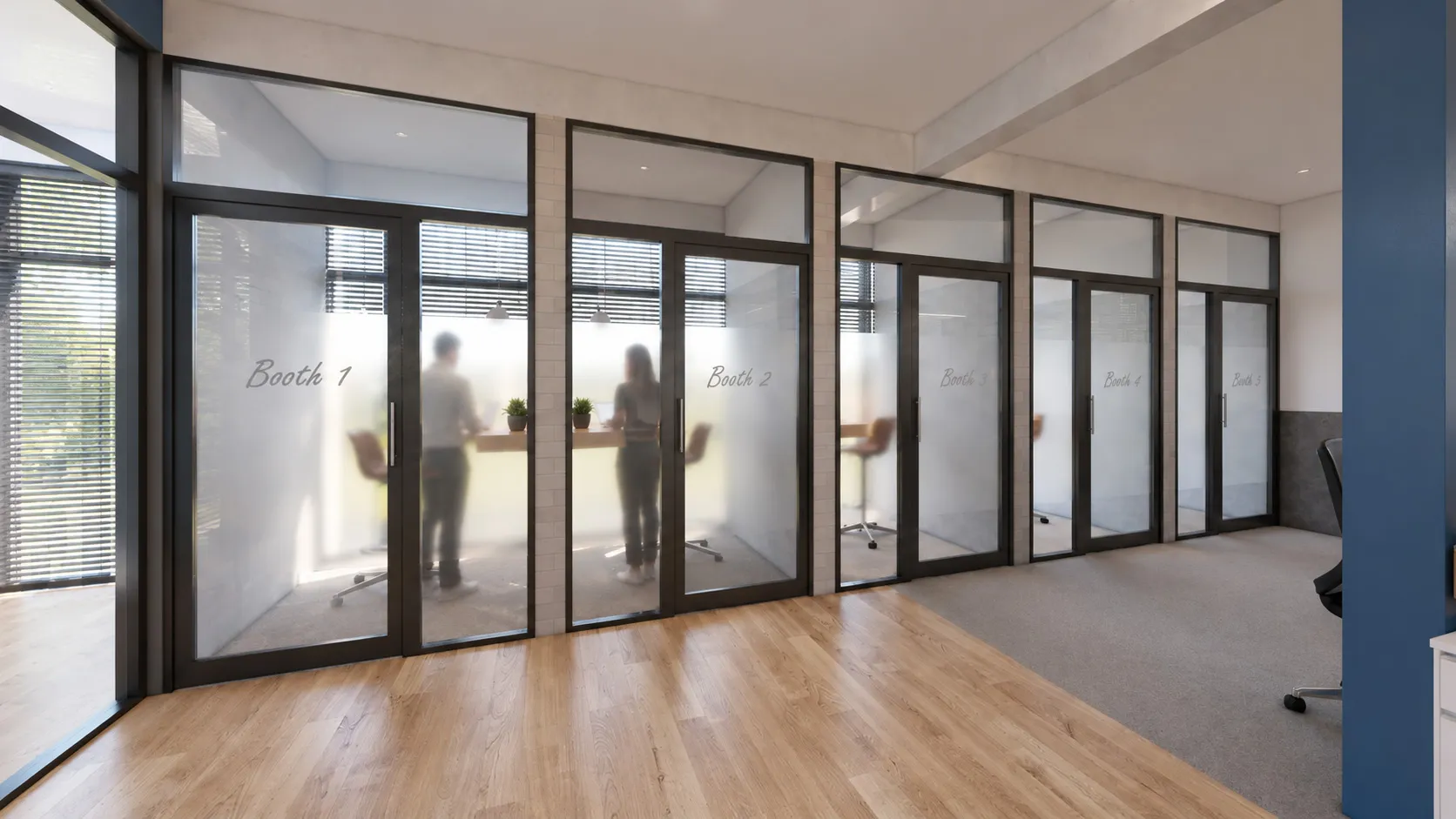 The 5 individual phone booths at Eighteen Coworking